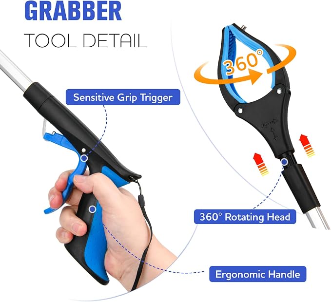 6-Pack 32inch Upgrade Foldable Grabber Reacher Tool, Reacher Grabber Pickup Tool with 4 inch Wide jaw and 360° Rotating Head,Grabbers for Seniors Outdoor & Indoor (Blue)