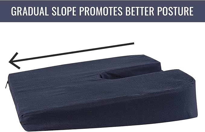 DMI Gradual Slope Seat Cushion for Coccyx, Sciatica and Tailbone Pain Used With Dining Room Chairs, Desk Chairs, Thin Car or Wheelchair Cushions, Machine Washable-Cover, 15 Inch, Navy