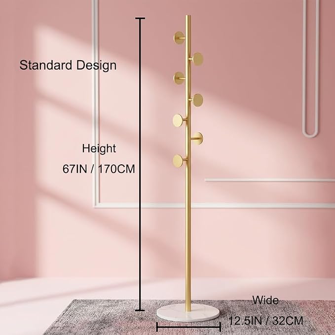 Coat Rack Freestanding Gold Clothes Rack with Marble Base & 7 Staggered Round Hooks, Heavy Duty Stable Coat Hanger Garment Stand for Entryway Bedroom, Hall Tree Racks for Clothing Hats Bags Purses