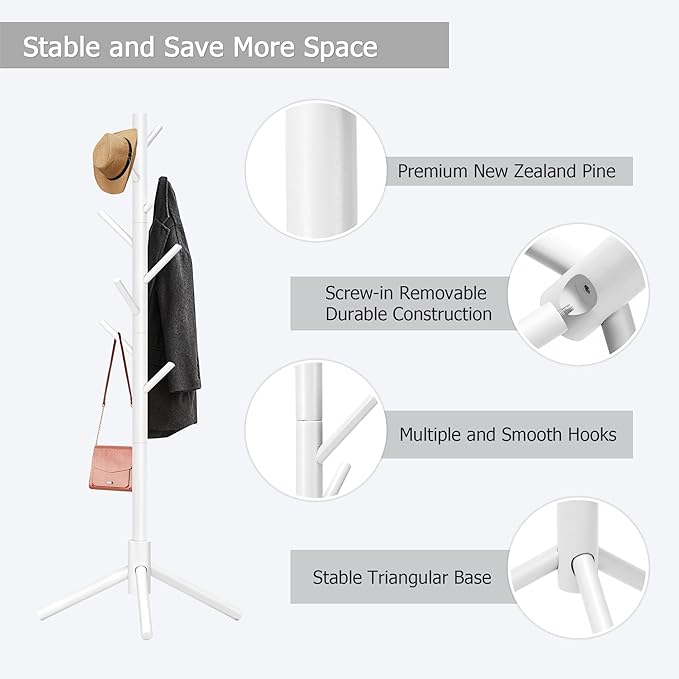 Coat Rack, Coat Racks Freestanding with 8 Hooks 3 Adjustable Heights for Clothes, Hats, Handbags, Coat Tree Easy Assembly for Entryway, Bedroom, Hallway, Office(White)