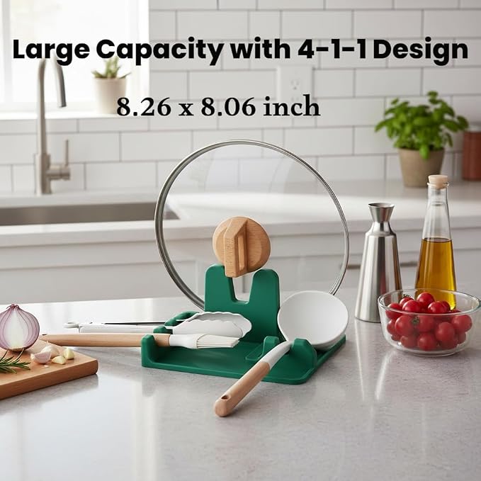 Auoon Silicone Spoon Rest with Lid Holder - 3 in 1 Kitchen Utensil Rest for Soup Ladles, Pot Lids, Spatulas, Spoons, Tongs, BPA Free & Dishwasher Safe, 8.26 x 8.06 Inch (Sea Blue, Large)