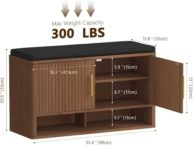 Fluted Shoe Storage Bench with Cushion, Entryway Bench with Adjustable Shelves and Open Bottom Shelf, 3-Tier Hidden Shoe Cabinet Storage for Entryway, Hallway, Living Room, Bedroom, Walnut