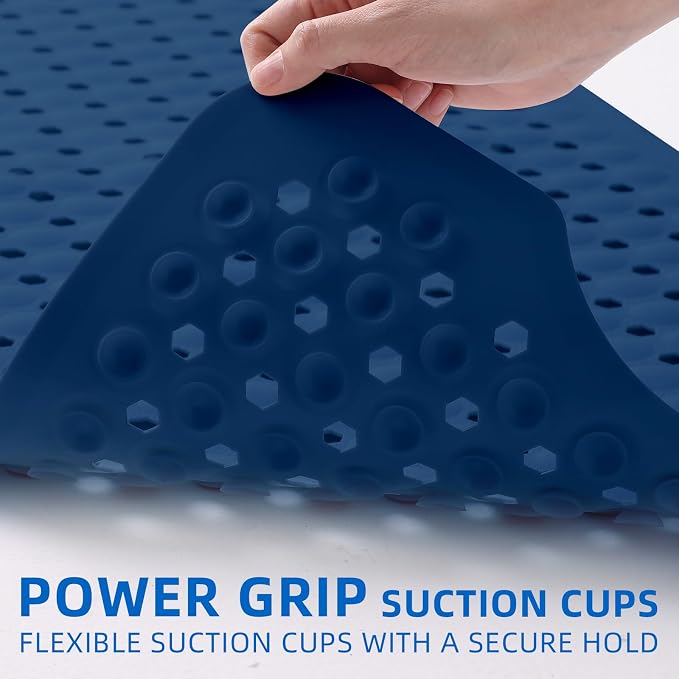 ZHICHENG Bath Tub and Shower Mats, Non-Slip 39 x 16 Inch Extra Long Bath Mat, Machine Washable Bathtub Mat with Drain Holes, Suction Cups for Bathroom (Blue)