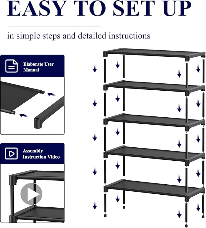 Kitsure Shoe Rack - Non-Woven Shoe Rack Shelf, Shoe Organizer for Closet, Entryway, Garage & Corridor, Stackable Shoe Shelves, 27.5" Wide - 5 Tier, Black