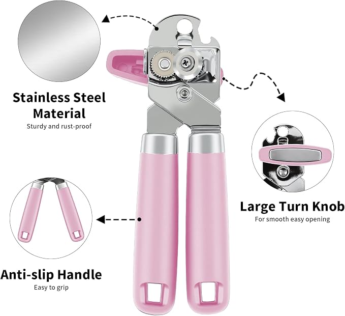 Can Opener Manual, Hand Heavy Duty Stainless Steel Bottle Opener Comfortable Handle, Sharp Blade Smooth Edge, Multifunctional Kitchen Tool, Pink