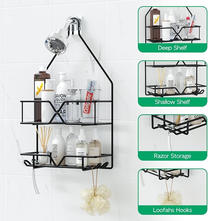 TreeLen Shower Organizer Hanging Shower Caddy over Shower Head Black Bathroom Hanger for Shampoo Razor Soap