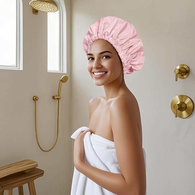 Reusable Shower Cap for Women, Large Waterproof Shower Bonnet with Elastic Band, Washable Bath Hair Cap for Long, Curly Hair, Braids, Daily Shower, Home Spa, Travel(Pink&Beige)