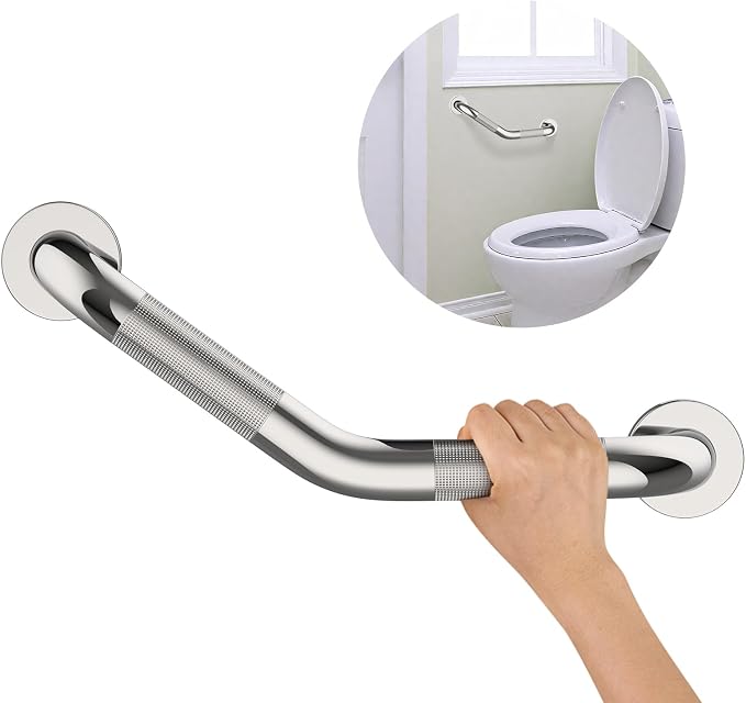16 Inch Angled Shower Grab Bar Black, Munzong Brushed Nickel Anti Slip Bathroom Grab Bar, Knurled Bathroom Balance Bar,Safety Hand Rail Support Handicap Elderly Injury Senior Assist Bath Handle