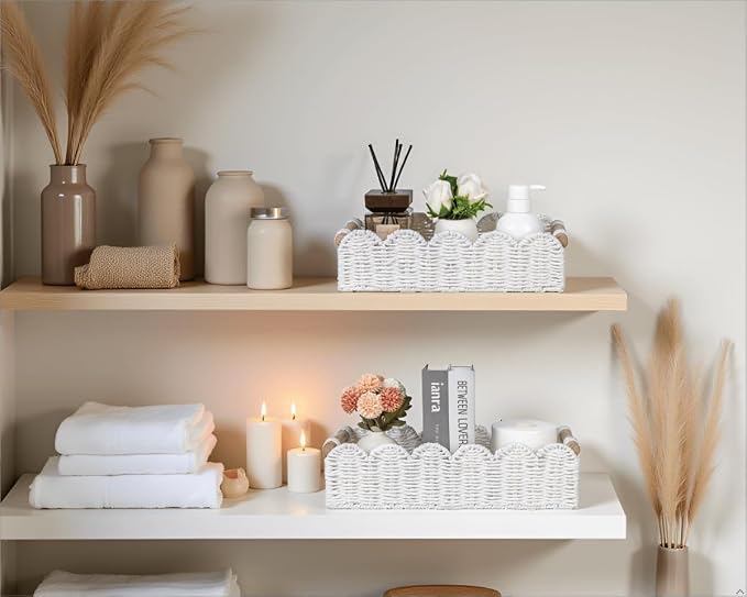 CubesLand Toilet Paper Storage Basket, Scalloped Edge Shelves Basket for Organizing for Over Toilet Tank Storage, Home Decor Baskets for Shelf, Countertop, Living Room, Bedroom, Handwoven, White