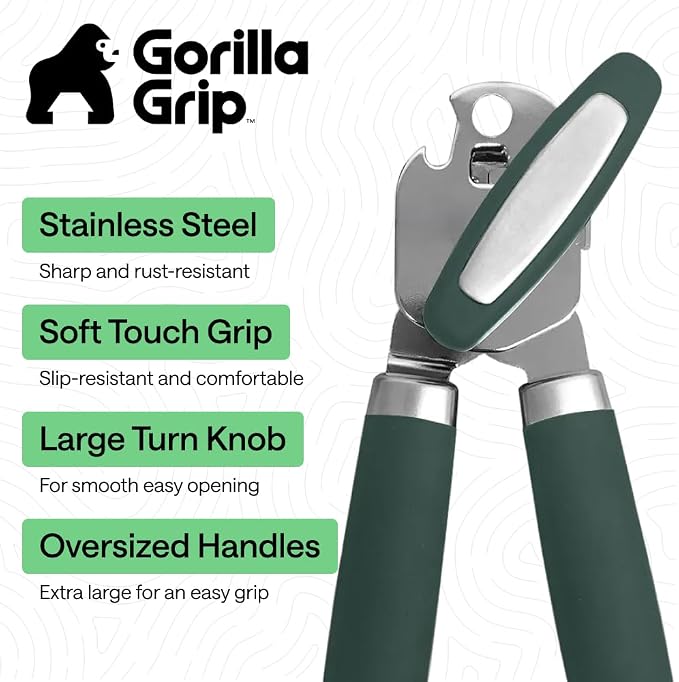 GORILLA GRIP Heavy Duty Stainless Steel Smooth Edge Manual Can Opener and Bottle Openers, Soft Comfortable Handle, Oversized Handheld Turn Knob, US Designed Multifunctional Kitchen Tool, Hunter Green