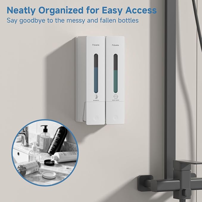 Shampoo Dispenser for Shower - Shower Soap Dispenser Wall Mounted No Drill - Shampoo Body Wash Dispenser 2 Chamber - Easy Install for Bathroom Hotel White 800ml