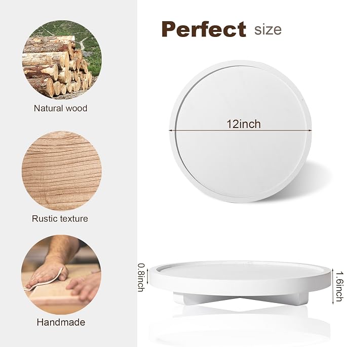 Round Decorative Tray Wood Bathroom Counter Organizer Farmhouse Kitchen Decor Wooden Riser for Soap Dish, Perfume, Candle, Sponge, 12" - White