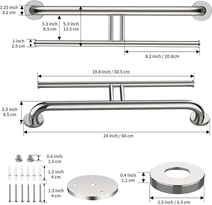 Chrome Double Toilet Paper Holder w/Safety Bar 24 inch, Zepolu 2-in-1 Assist Bar Balanced Support Handle, Stainless Steel Handrail Wall Mounted Bathroom Toilet Grab Bar for Senior Elderly Handicap