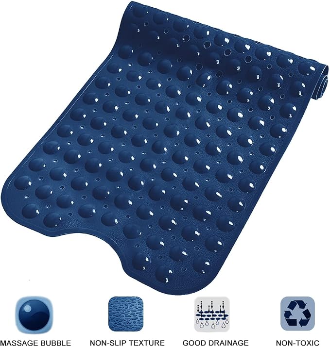 Bathtub and Shower Mats, Extra Long Non-Slip Bath Tub Mat 39 x 16 Inch, Machine Washable Bathmat with Suction Cups & Drain Holes for Bathroom Floor, Navy Blue