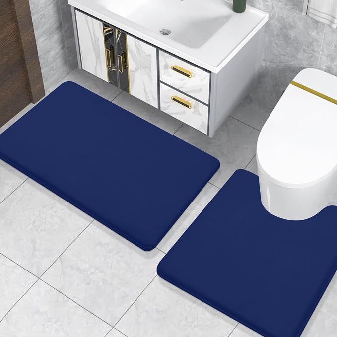 Smiry Memory Foam Toilet Rugs U-Shaped 20x20, Extra Soft Absorbent Non-Slip Contour Bathroom Rugs, Machine Washable Bath Mats for Toilet, Navy Blue