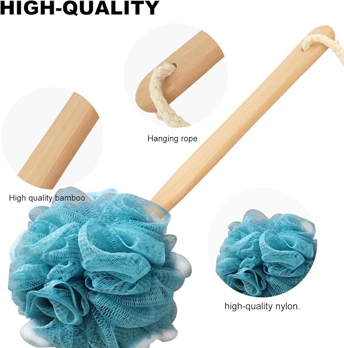 Teal Loofah with Handle - Back Scrubber Shower Sponge, Vibrant Exfoliating Luffa with PE Mesh and Wood Handle, Refreshing Bath Experience for Men and Women