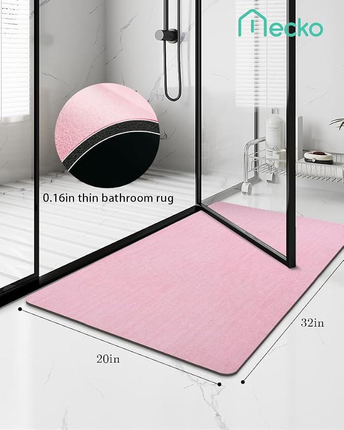 Mecko Bath Mat Rug, Ultra Thin Bathroom Rug -Rubber Non-Slip Quick Dry Absorbent Bath Mat Fit Under Door, Faux Suede Surface Bathroom Floor Mats for Bath, Shower, or Sink (Pink,20"x32")
