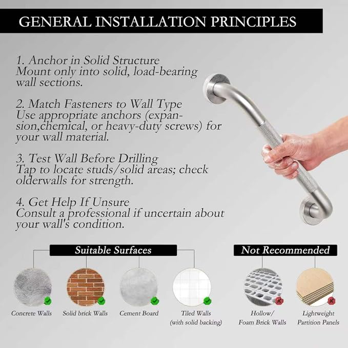 16" Brushed Nickel Bathroom Non-Slip Grab Bar, Stainless Steel Knurled Wall Hanging Safety Pole, Elderly Tub Shower Load-Bearing Balance Handle