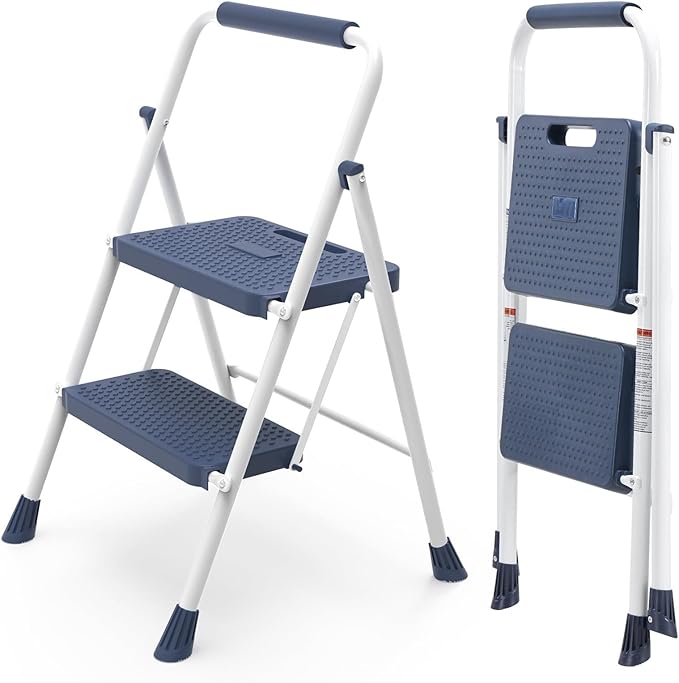 OLIXIS 2 Step Ladder, 800lbs Capacity Foldable Step Stool with Anti-Slip Pedal, Sturdy Steel Ladder & Comfortable Handrail, Protable Heavy Duty Step Stool for Kitchen, Garage, Outdoor Use - Blue