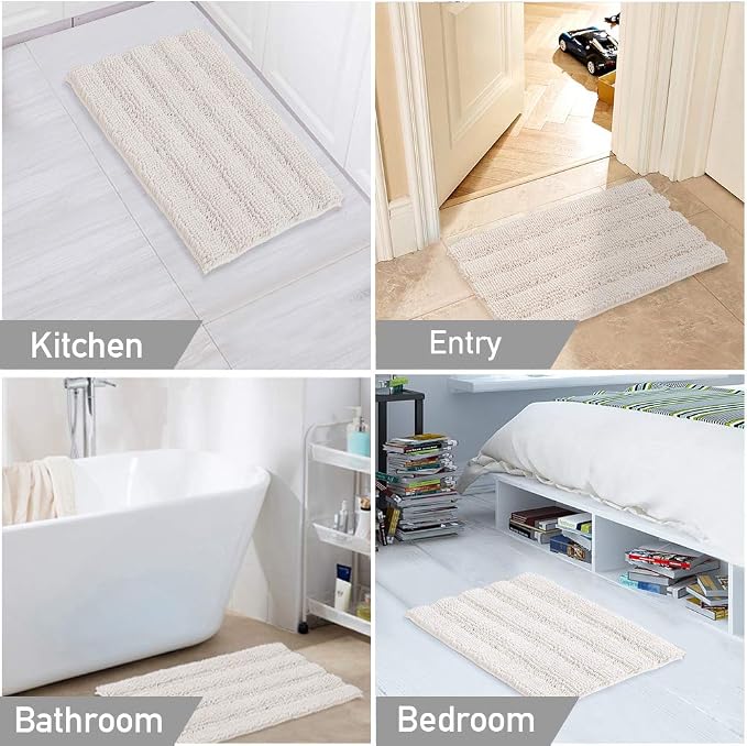 Turquoize Chenille Bath Mat, Soft Absorbent Shag Rug, Non Slip Bathroom Rugs, 20 x 32, Ivory