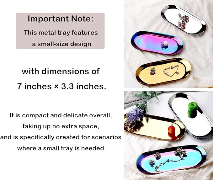 Stainless Steel Decorative Tray, Set of 2, 7 Inch Long, Jewelry Dish Cosmetics Organizer Bathroom Clutter Serving Platter Small Storage Tray, Oval, Gold