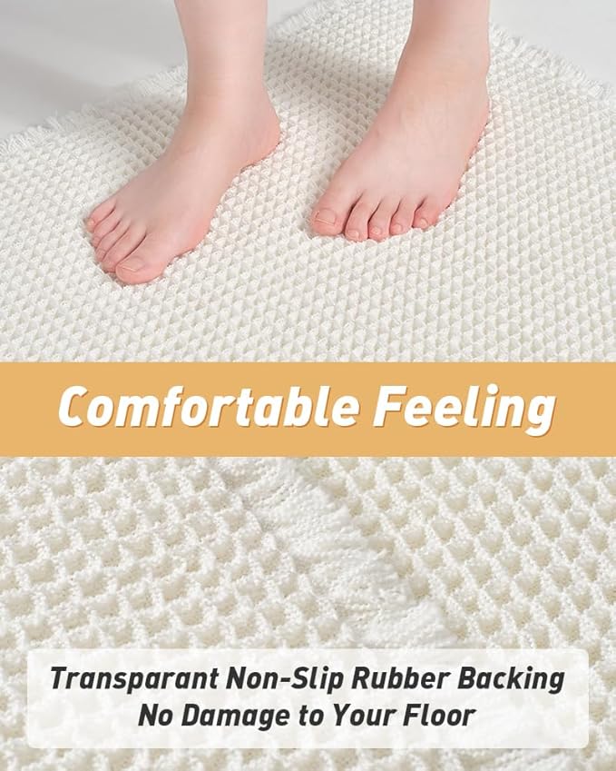 AMOAMI Upgraded Waffle Runner Rug Super Absorbent Non Slip Bath Mats for Bathroom Floor, Washable Boho Bathroom Runner Rug with Tassels, Ideal for Hallway Bedroom Laundry Room, 2' x 6', White