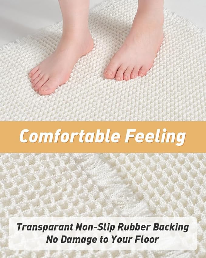 Upgraded Waffle Bath Mats Set of 2, Super Absorbent Non Slip Bath Mats for Bathroom Floor, Washable Boho Bathroom Rugs Set 2 Piece with Tassels, Soft Bathroom Mat Set, 17" x 24" (2 Pack), White