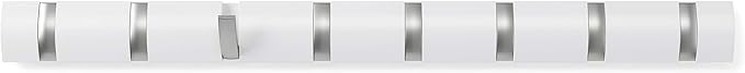 Umbra Flip Wall-Mounted Coat Rack with 8 Hooks – Modern, Space-Saving Storage for Hats, Jackets, Bags, Entryway, Mudroom, Closet, Bathroom, Bedroom – White/Nickel