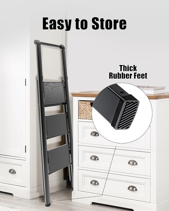 SOLADDER 3 Step Ladder, Slim Folding Steps Stool with Handrail, Iron Foldable Black Ladder with Anti-Slip Wide Pedal, for Home, Kitchen, Office, Garage Use (300 lbs Capacity)