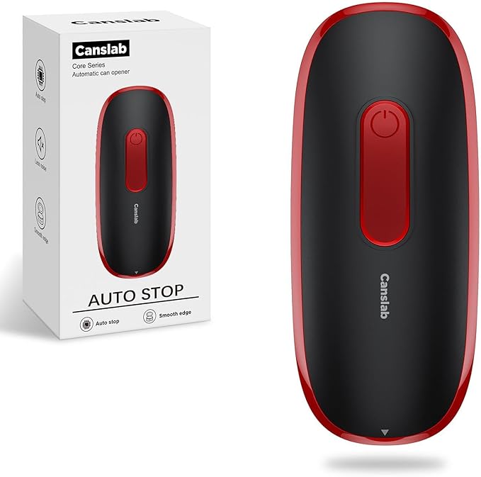 Canslab CORE Electric Can Opener_Single Touch Automatic Opener for Seniors with Arthritis, Auto Shut-off, Cordless Battery Powered, Side Cut, Smooth Edge, Handsfree for Small or Large Cans, Black+Red