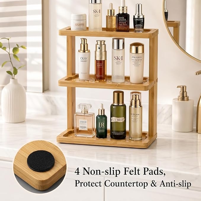 PEKER Bamboo Bathroom Organizer Countertop – Vanity Storage Shelf for Makeup, Perfume, Skincare – Natural Cosmetics Display Rack for Dresser, Sink, Kitchen – Natural