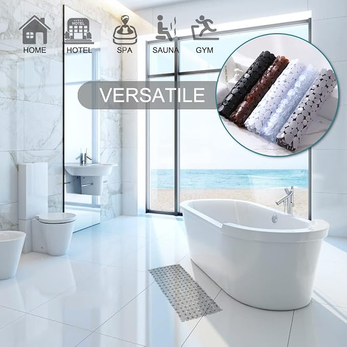 TEESHLY Bath Tub and Shower Mats, Non-Slip Pebble 35 x 16 Inches Machine Washable Bathtub Mat with Drain Holes, Suction Cups for Bathroom (Clear Grey)