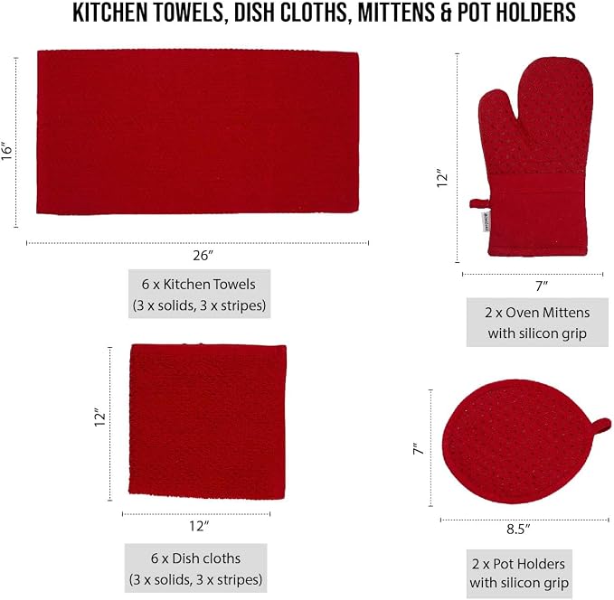 LANE LINEN 16 Pc Kitchen Dish Towels Set - 6 Absorbent Terry Kitchen Hand Towels, 6 Dish Cloths for Washing Dishes, 2 Silicone Grip Potholders & 2 Silicone Oven Mitts - Red