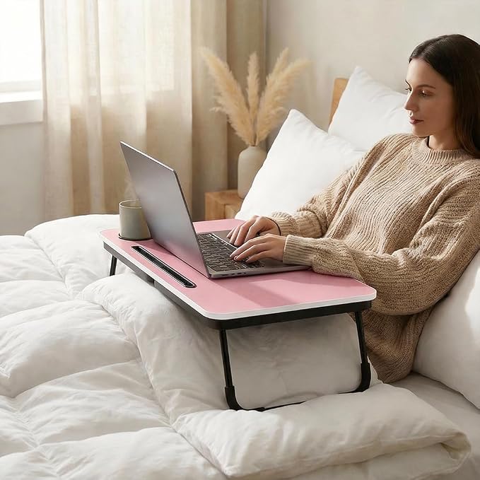BUYIFY Foldable Laptop Bed Desk for Couch, Sofa - Large Lap Desk Tray Table with Cup Holder and Tablet Slot - Portable Notebook Stand for Eating, Writing, Studying and WFH (Pink)-USA Original Patent