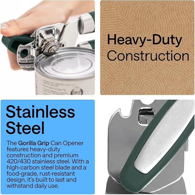 GORILLA GRIP Heavy Duty Stainless Steel Smooth Edge Manual Can Opener and Bottle Openers, Soft Comfortable Handle, Oversized Handheld Turn Knob, US Designed Multifunctional Kitchen Tool, Hunter Green