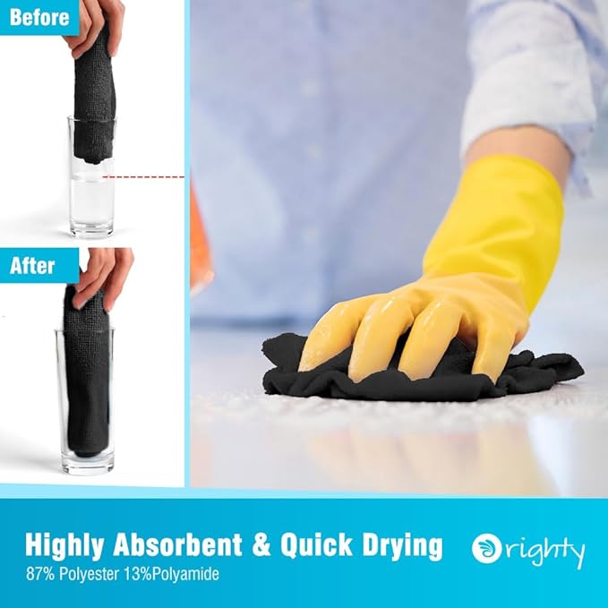 Orighty Microfiber Cleaning Cloth Bulk, 50 Pack Shop Towels, Reusable Cleaning Rags, Lint Free Microfiber Towels for Cars, Home & Kitchen, 12x12 Inch, Black
