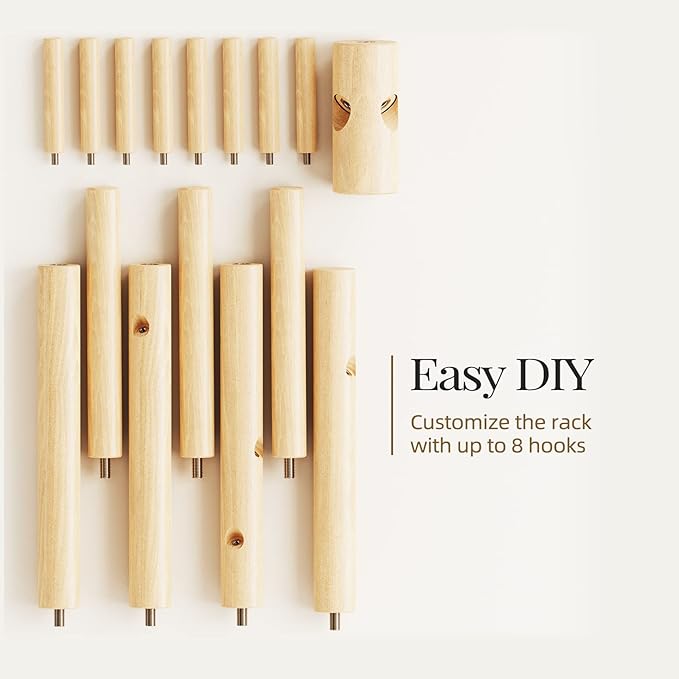 Pipishell Solid Wooden Coat Rack Freestanding, Hall Tree with 8 Hooks, 3 Height Options for Coats, Hats, Handbags, and Scarves, Tool-Free Assembly, Space Saving Design for Entryway, Office, Bedroom