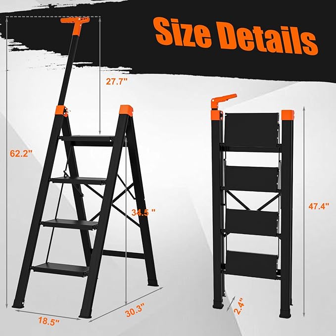 4 Step Ladder with Single-Handrail,Lightweight Aluminum 4 Step Ladder,600lbs Max Load Heavy Duty Step Stool for Kitchen,Home,Office
