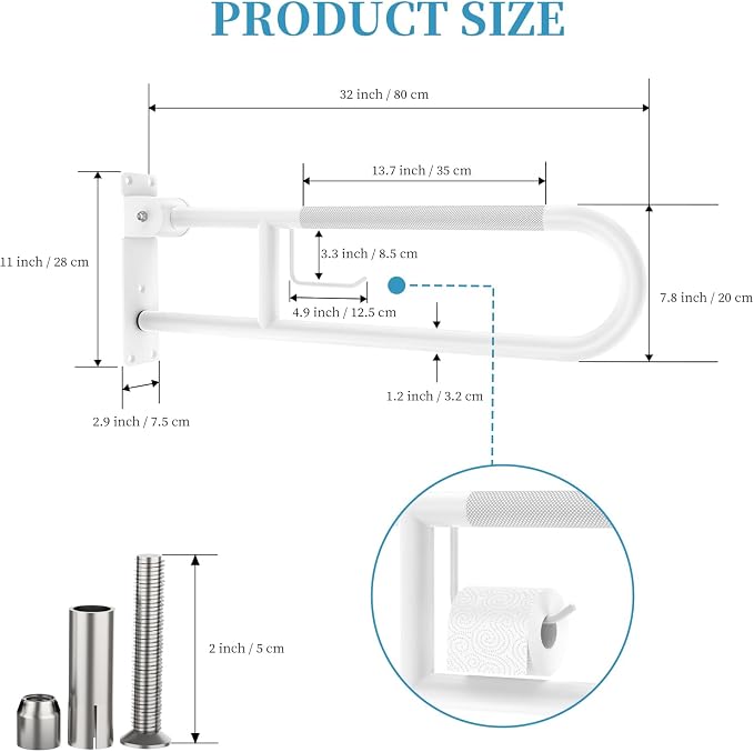 U Shaped Toilet Grab Bar 32 Inch, Munzong White Anti-Slip Support Rail, Flip-Up Bathroom Grab Bar with Paper Holder, Stainless Steel Knurled Handicap Safety handrails for Elderly Disabled Pregnant