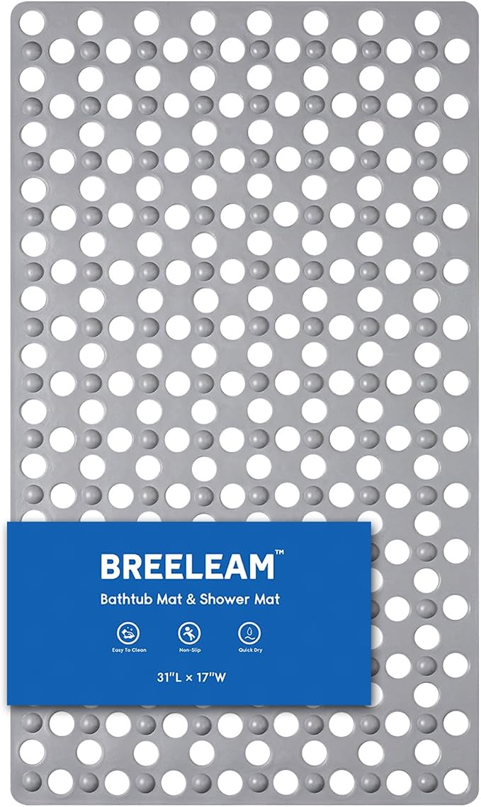 Non Slip Bathtub Mat and Shower Mat 31x17 inch,Bath Mat with Quick Dry Drain Holes and Suction Cups, Soft Comfortable Safe Bathroom Mat for Bath Tub, Floor, Tile (Grey)