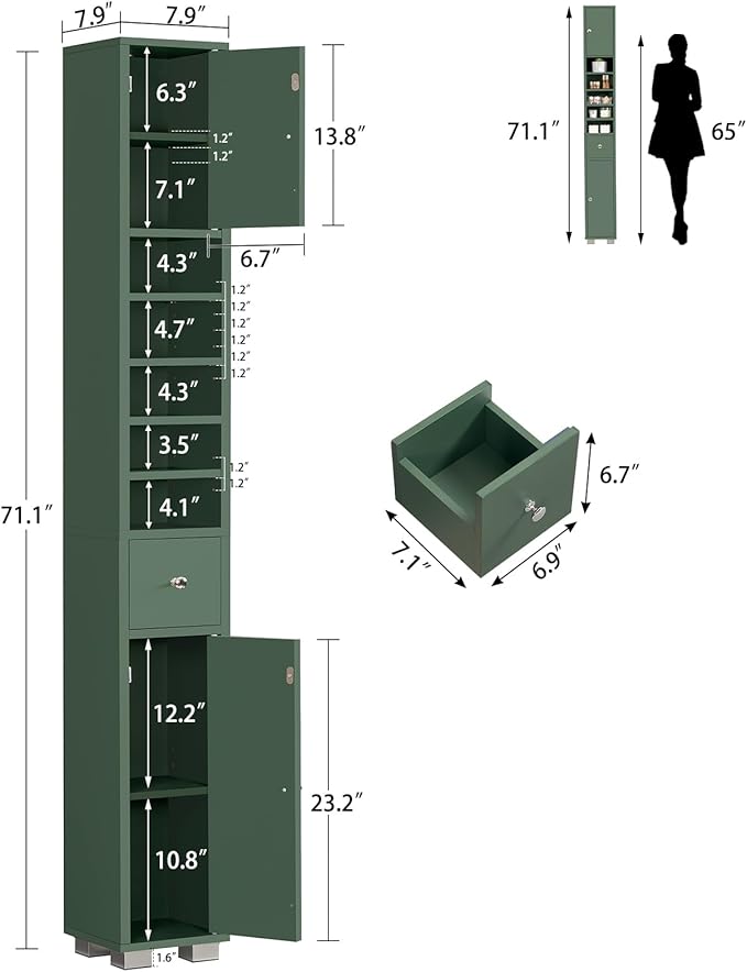 TEENFON Bathroom Cabinet, Narrow Bathroom Storage Cabinet with 5 Adjustable Shelves & Drawer, Freestanding Cupboard for Small Spaces, Green