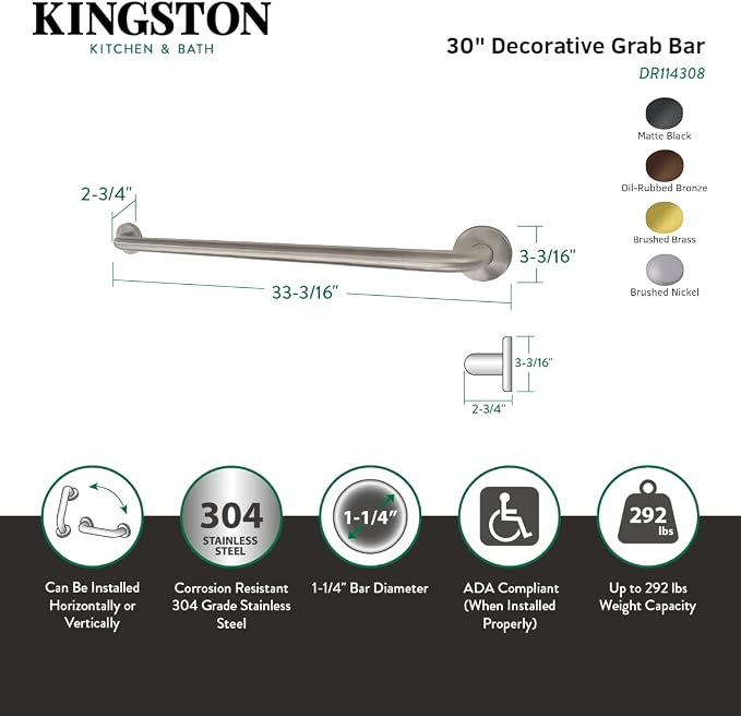Kingston Brass DR114305 Designer Trimscape Americana Decor 30-Inch Grab Bar with 1.25-Inch Outer Diameter, Oil Rubbed Bronze