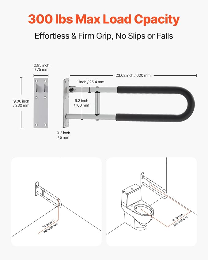 VEVOR Toilet Safety Rail, 23.8 Inch U-Shaped Handicap Grab Bar, Foldable Senior Safety Pole, Flip Up Toilet Grab Bar with Anti-Slip Support Handle, 300 Lb Load Capacity for Elderly, Disabled, Pregnant