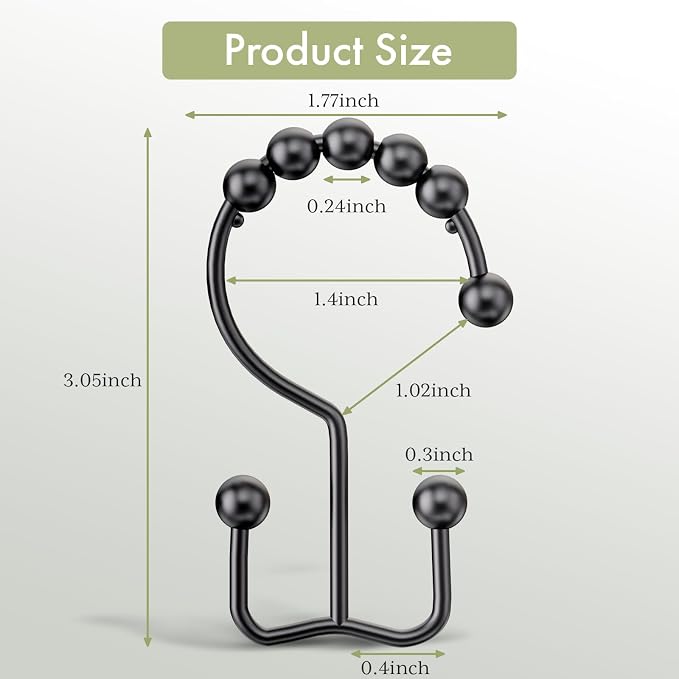 Amazer Black Shower Curtain Hooks, Shower Curtain Hooks Rust Proof 12 Pcs Stainless Steel Shower Hooks for Shower Curtain, Double Shower Curtain Hooks for Bathroom Shower Rods Curtain