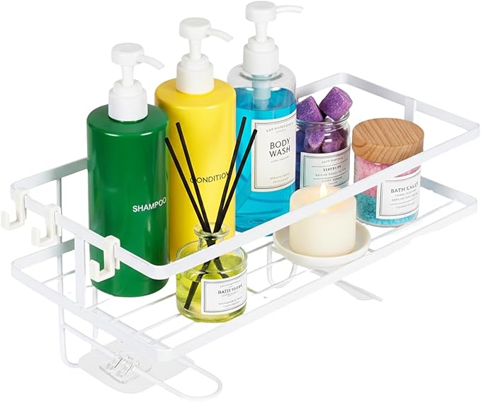 PowerKing Over The Toilet Storage Shelf, Bathroom Organizer Rack with 2 Hooks, No-Drill, Rust-Resistant Steel, Toilet Paper Holder for Restroom Bathroom, White
