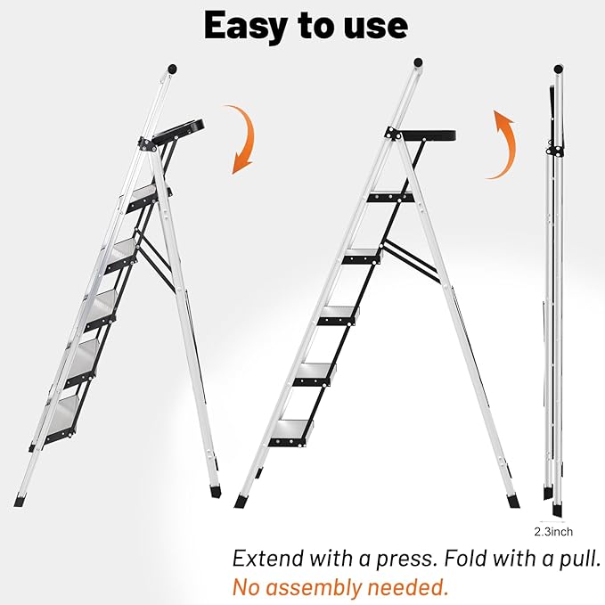 5 Step Ladder with Tool Tray - 600lbs Heavy Duty Lightweight Step Stool with Extended Handrails, Work Platform for Home Maintenance & DIY Projects