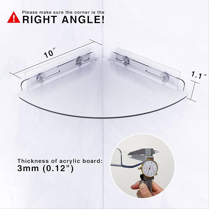 Bakzon Acrylic Corner Shelf 2 Pack, Adhesive Shower Caddy, 0.12" Thick Shatter-Resistant Clear Bathroom Corner Shelves for Tile Wall, No Drill Renter Friendly, 10×10 Inch, 20 lbs Capacity