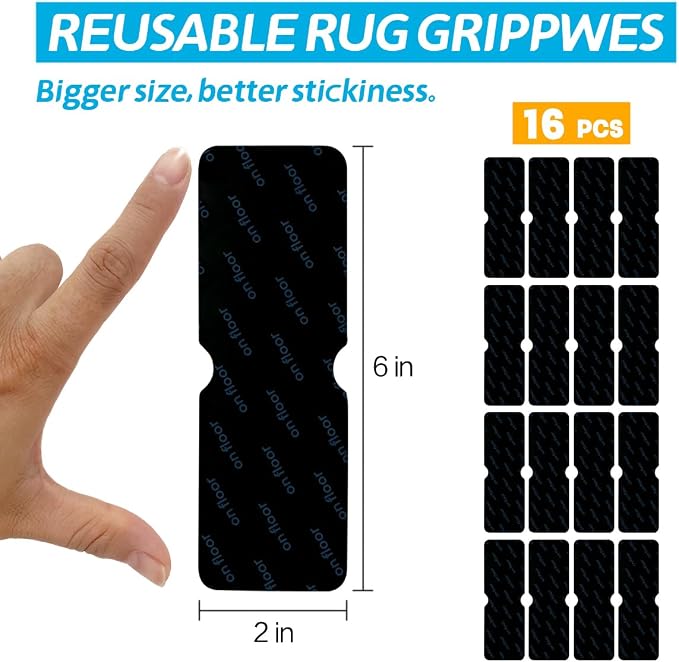 Rug Gripper for Hardwood Floors: 16 PCS No Damage Rug Tape - Anti Slip Rug Grips for Area Rugs – Secure Carpet Tape for Wood Floors, Safe & Strong Hold
