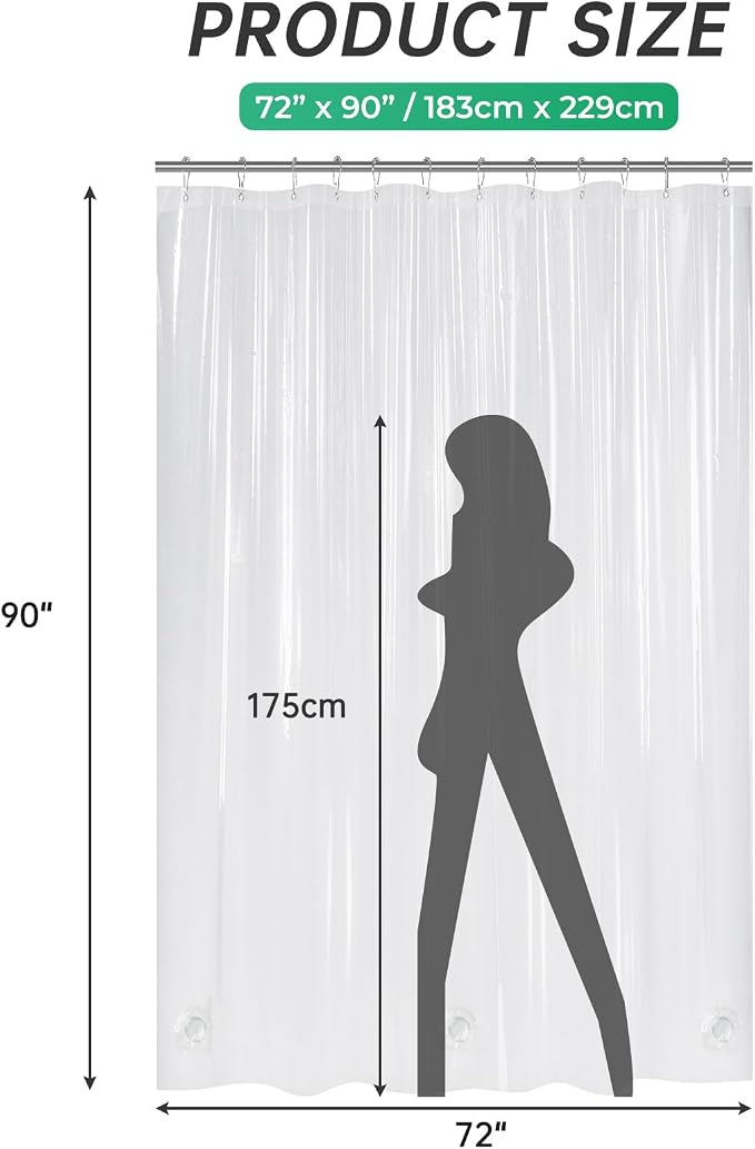AmazerBath Extra Long Shower Curtain 90 Inches Long, Clear Premium PEVA Plastic 72x90 Inches, Tall Bathroom Curtain Heavy Duty with 3 Weighted Stones and 12 Grommet Holes