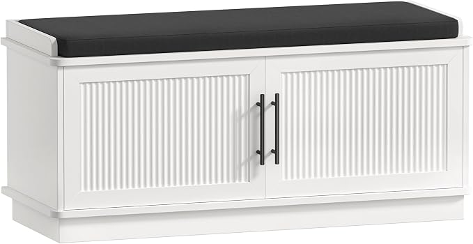 Akxomel Fluted Shoe Storage Bench with Cushion, 39.4" Entryway Bench with Adjustable Shelves and 2 Doors, Shoe Cabinet Bench with Curved Profile, for Hallway, Living Room, Bedroom, White